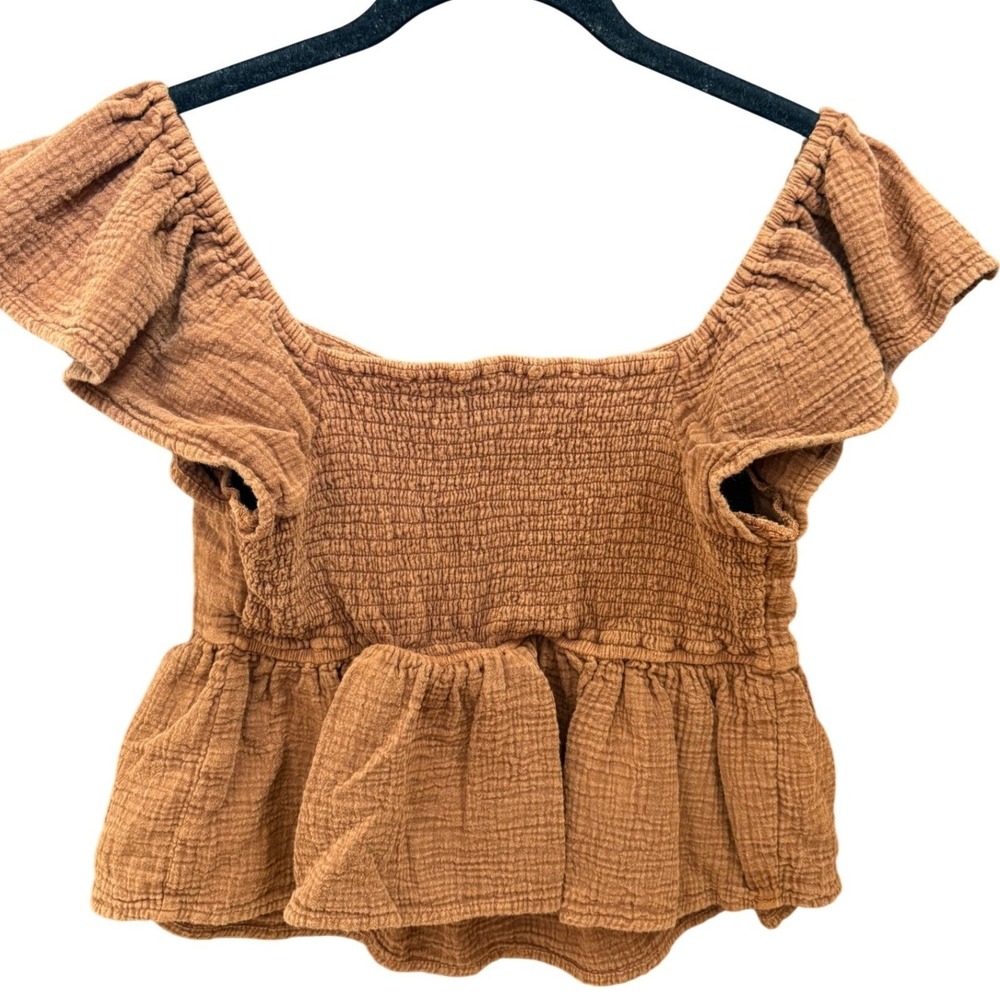 Japna Babydoll Top Womens Large Rust Orange Gauze Smocked Back Flutter Sleeve - Picture 2 of 8